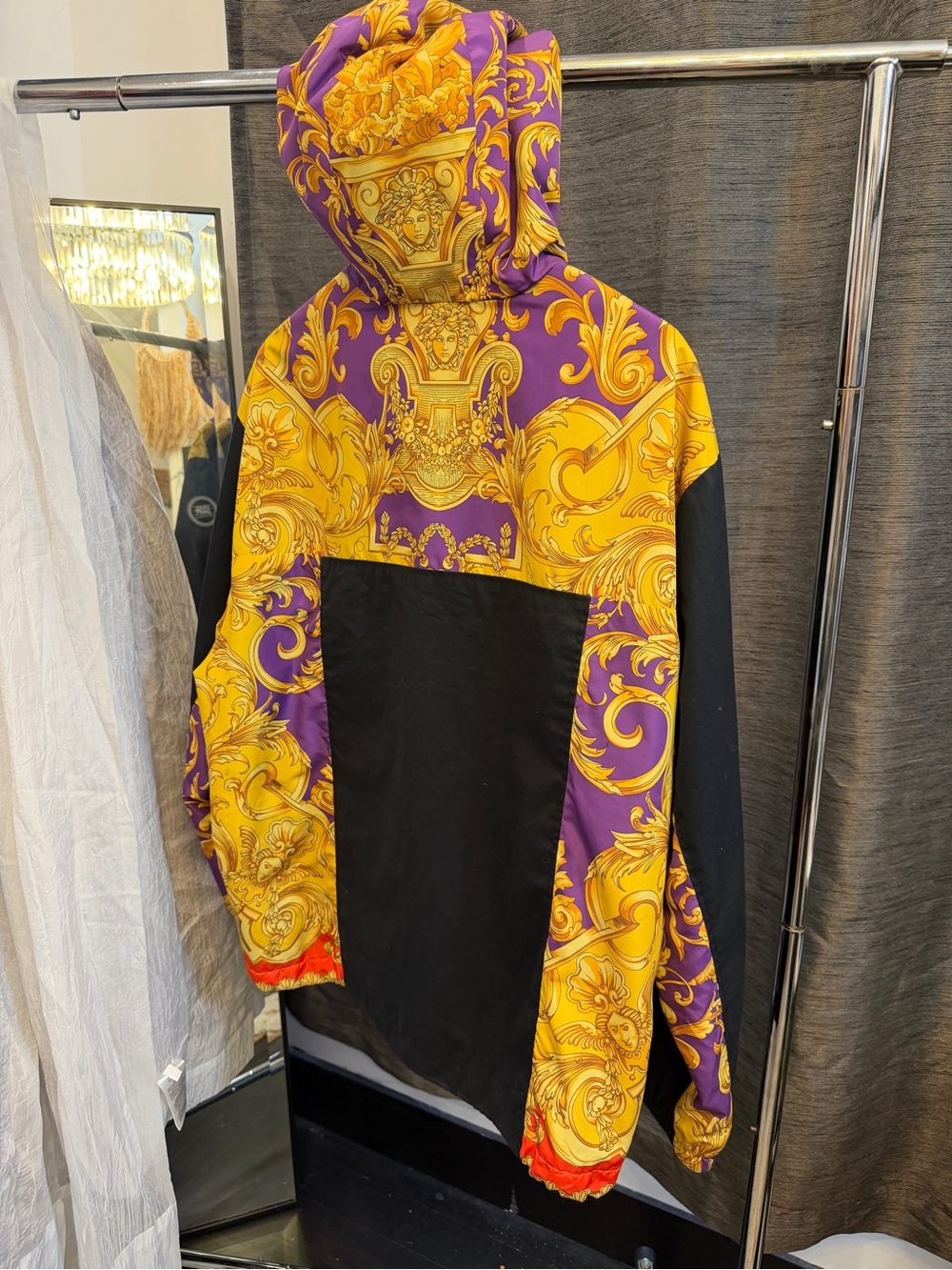 Versace Purple & Gold Baroque Hooded Windbreaker with Black Panels